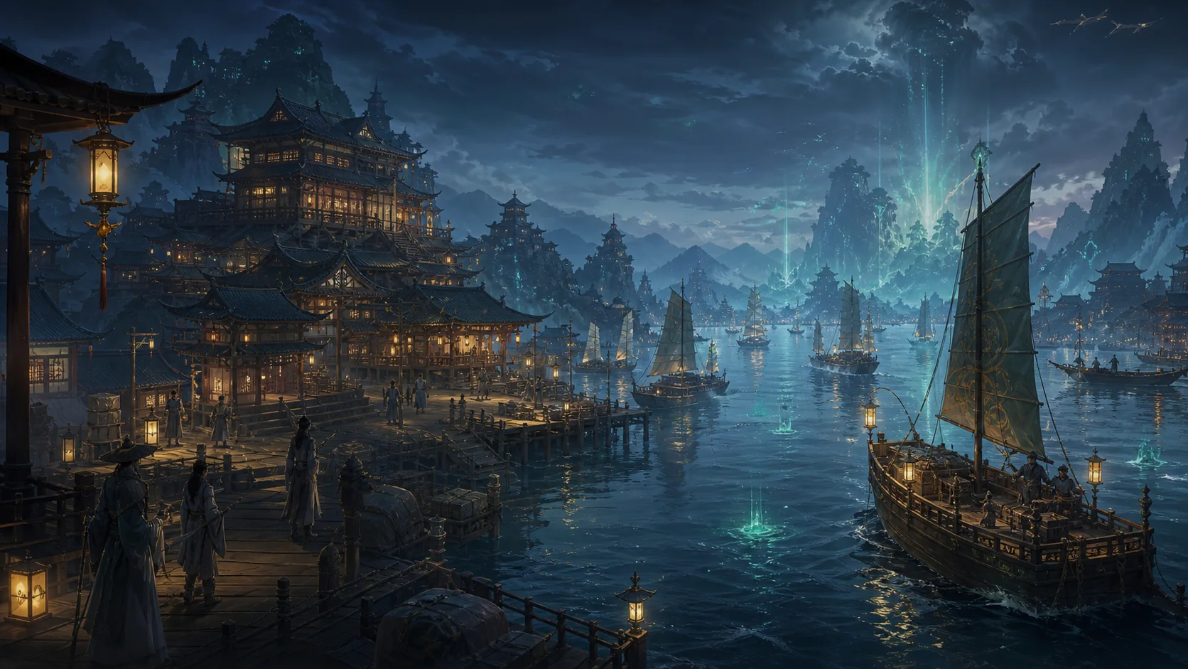 桃源修仙四海港夜航盛景